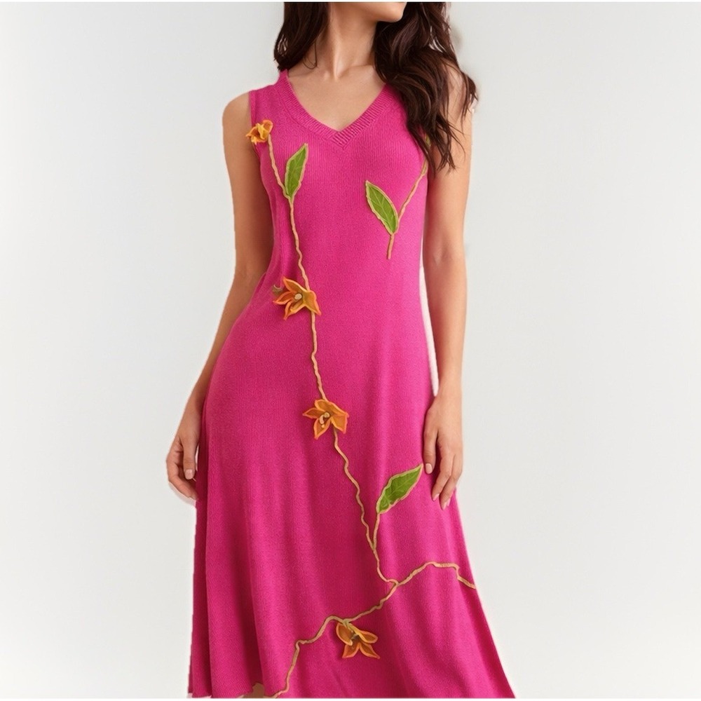VTG Maureen Keene Pink Knit Fairycore Dress Cottagecore S Silk Floral Applique